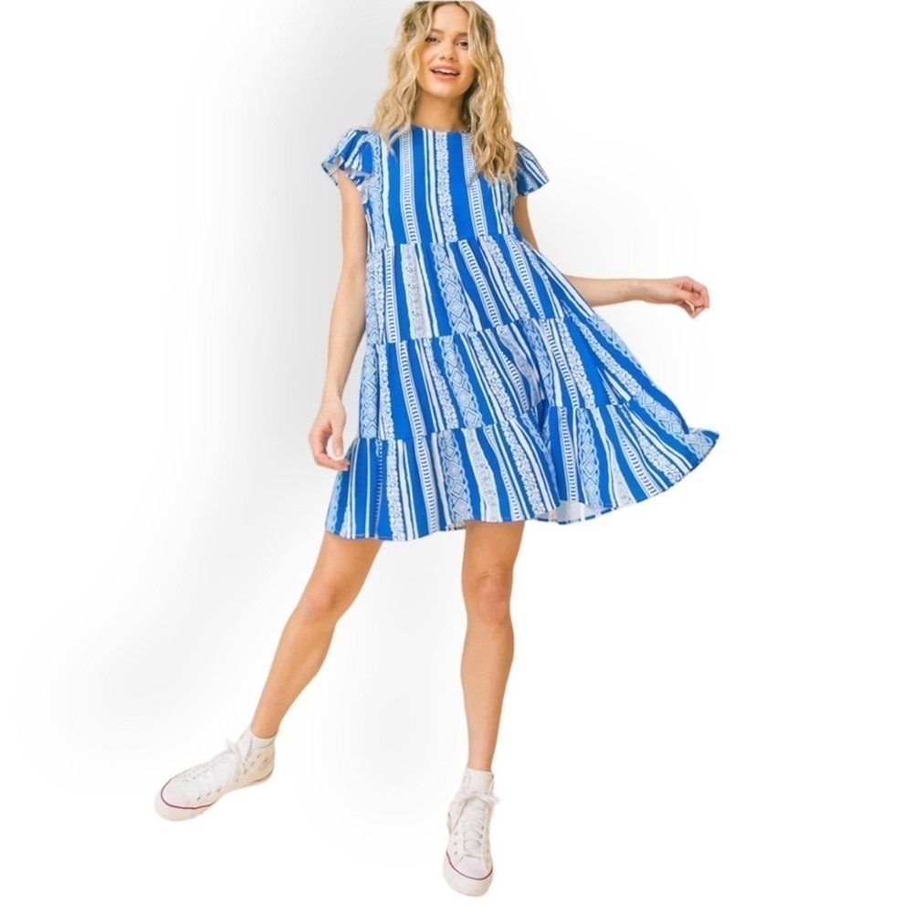 Flying Tomato Mini Dresses Royal Blue Stripes Print Size L Boho Beach Cocktail